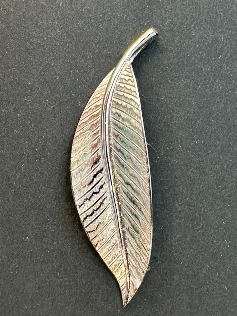 Vintage Silver Leaf Brooch Pin Engraved Veins 3" Estate Jewelry
